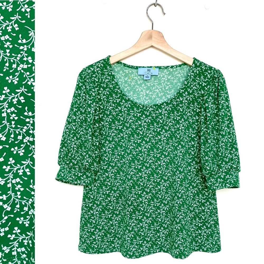 CeCe Blouse Floral Print Short Balloon Sleeve Round Neck Green Lightweig…